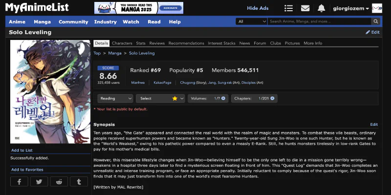 Capture d'écran de MyAnimeList