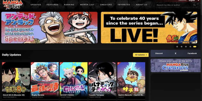 Captura de tela da Página de Atualizações do Manga Plus