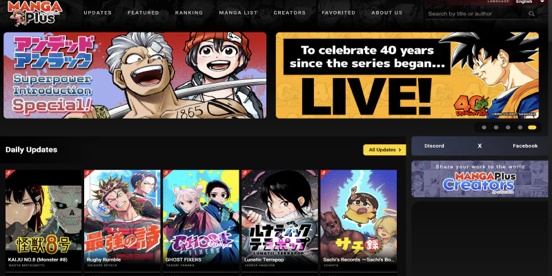 Capture d'écran de la Page des Mises à Jour de Manga Plus