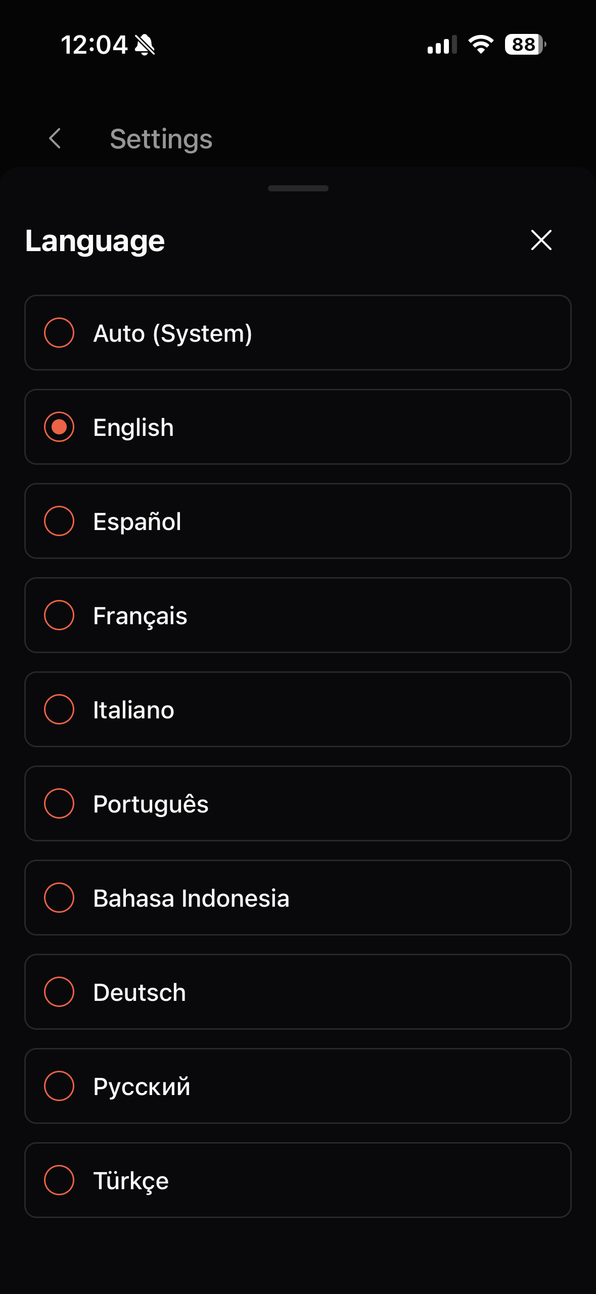 Selettore lingua nell'app nelle Preferenze