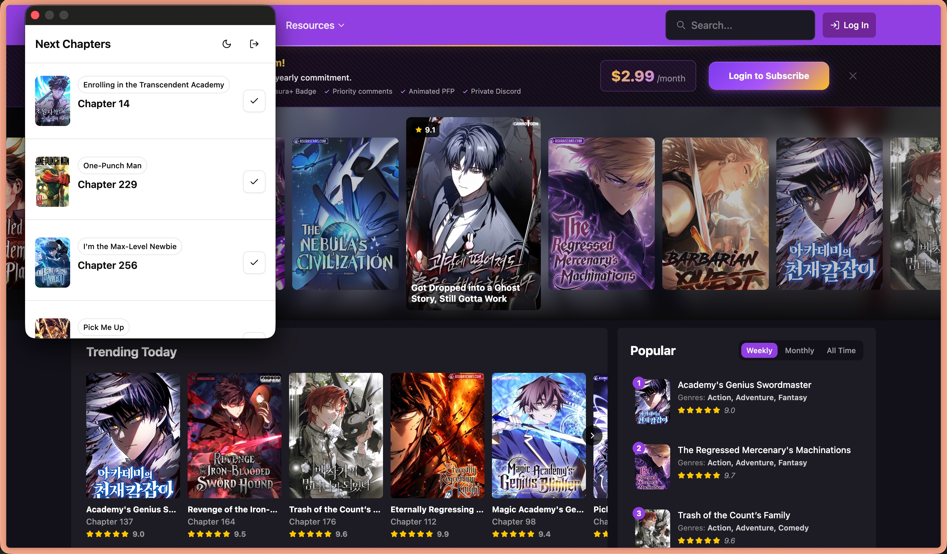 Popup de l'extension de navigateur MangaTime montrant les prochains chapitres des mangas suivis