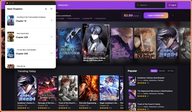 MangaTime browser extension popup showing upcoming chapters across tracked manga